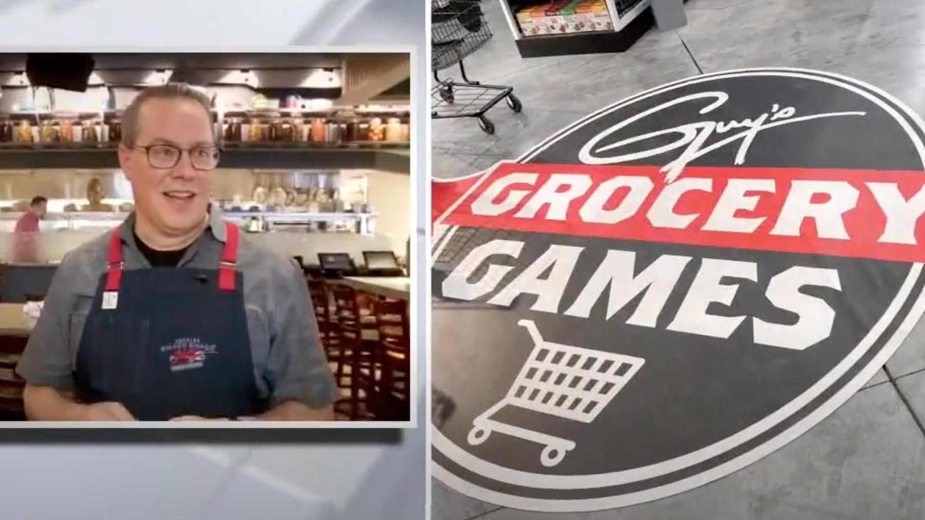 Josh Thoma at Guy's Grocery Games wearking a blue apron