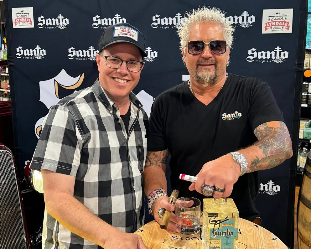 Josh Thoma and celebrity chef Guy Fieri at the launch party for Santa Tequila